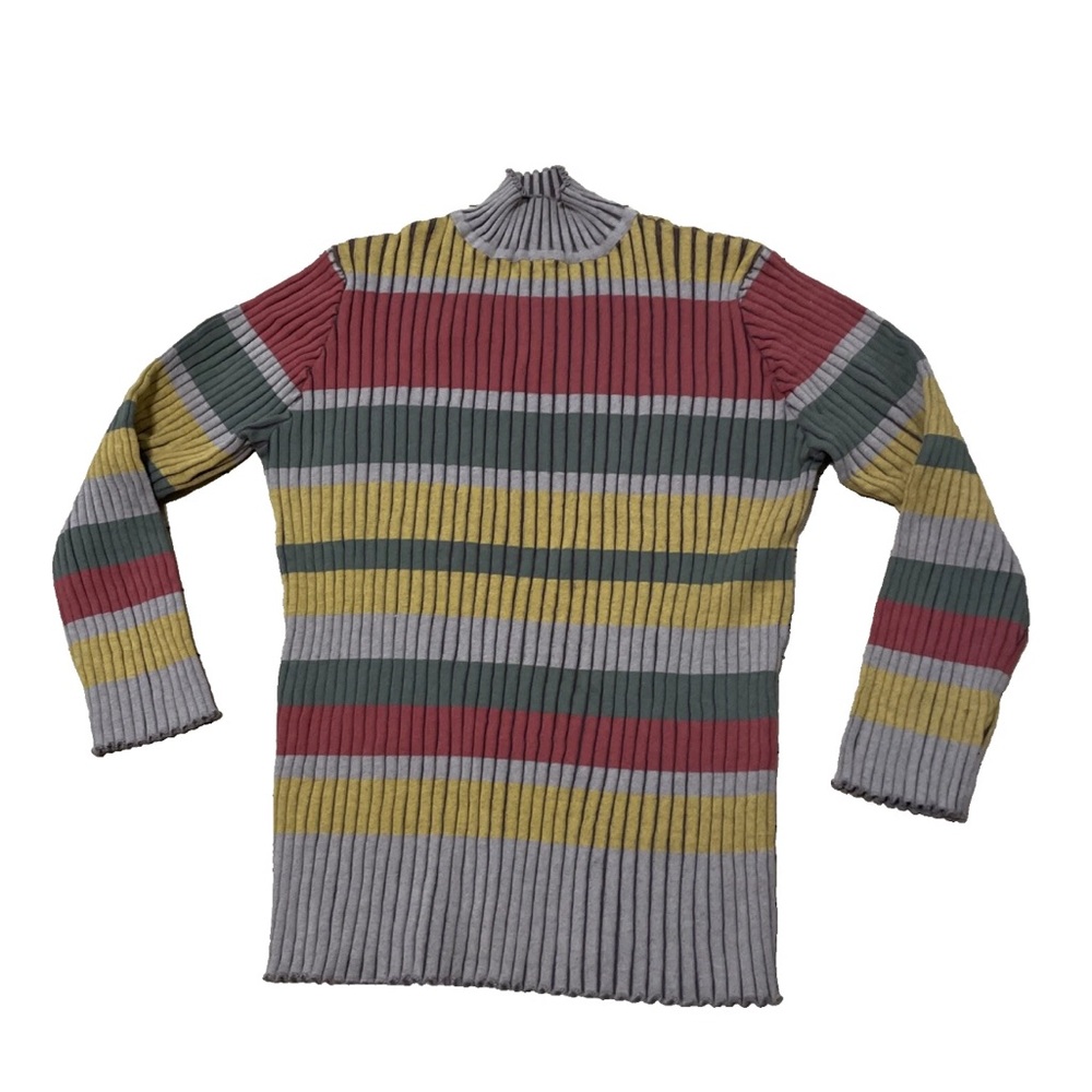 OXKNITSTORE Sweater Women 2X Retro 70s Mock Neck Mod Tan Red Yellow Stretch 40"